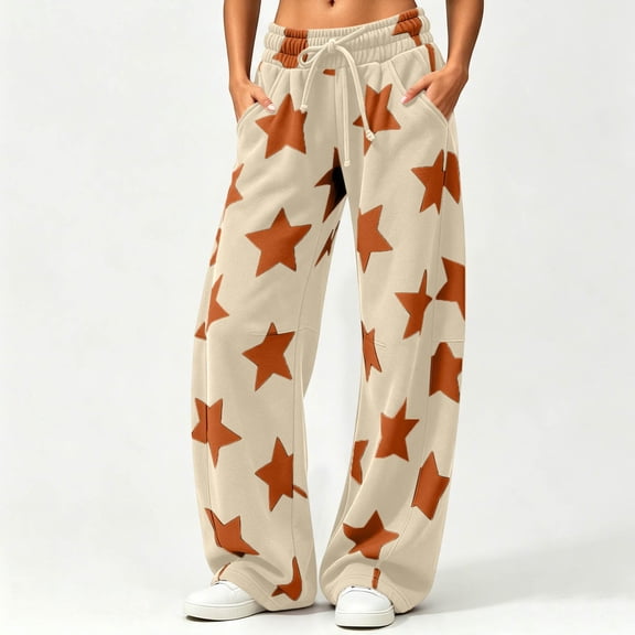 Yuaguia Women's Star Print Wide Leg Pants, Curved Baggy Trousers with Drawstring Waist and Pockets, Casual Streetwear Sweatpants for Women Casual Daily Wear, Beige, L