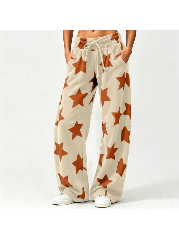 Women's Star Print Wide Leg Pants, Curved Baggy Trousers with Drawstring Waist and Pockets, Casual Streetwear Sweatpants for Women Casual Daily Wear, Beige, L