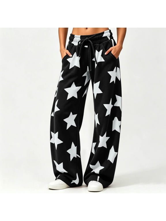 Women's Star Print Wide Leg Pants, Curved Baggy Trousers with Drawstring Waist and Pockets, Casual Streetwear Sweatpants for Women Casual Daily Wear, Black, XXL
