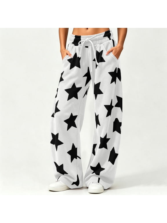 Women's Star Print Wide Leg Pants, Curved Baggy Trousers with Drawstring Waist and Pockets, Casual Streetwear Sweatpants for Women Casual Daily Wear, White, S