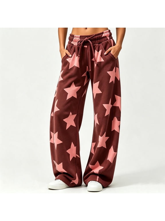 Women's Star Print Wide Leg Pants, Curved Baggy Trousers with Drawstring Waist and Pockets, Casual Streetwear Sweatpants for Women Casual Daily Wear, Wine, S
