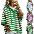 thumbnail image 1 of Yuaguia Women's Striped Hooded Sweatshirt, Button Front Knit Pullover Sweater, 3/4 Sleeve Casual Top, Lightweight Drawstring Clothes for Everyday Office Wear, Purple M, 1 of 1