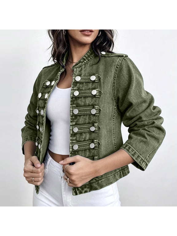 Women's Vintage Military-Style Denim Jacket, Double-Breasted Button Front Crop Coat with Stand Collar, Soft Stretchy Long Sleeve Outerwear for Fall Fashion & Daily Wear, Army Green M