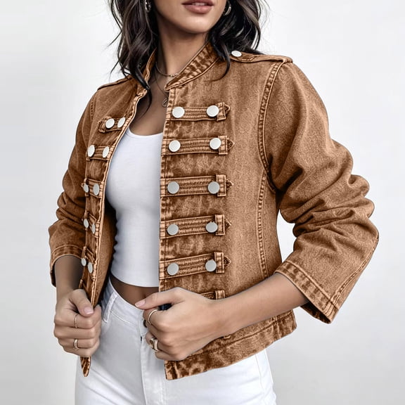 Yuaguia Women's Vintage Military-Style Denim Jacket, Double-Breasted Button Front Crop Coat with Stand Collar, Soft Stretchy Long Sleeve Outerwear for Fall Fashion & Daily Wear, Brown M