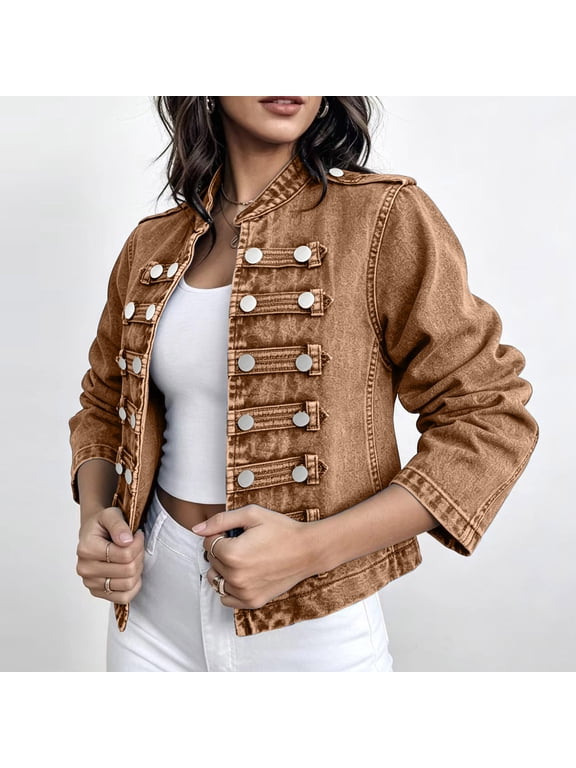 Women's Vintage Military-Style Denim Jacket, Double-Breasted Button Front Crop Coat with Stand Collar, Soft Stretchy Long Sleeve Outerwear for Fall Fashion & Daily Wear, Brown M