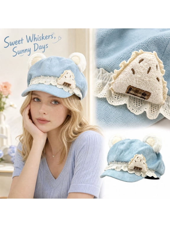 Womens Cute Ear Beret Hat, Kawaii Newsboy Cap with Ears, Sweet Lace Trim Visor Beret with Plush Ears and Food Patch for Daily Streetwear Party, One Size