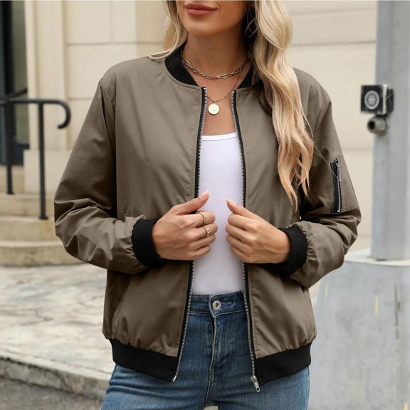 Yuaguia Womens Lightweight Bomber Jacket, Casual Zip Up Windbreaker Coat, Loose Fit Ribbed Collar Flight Outerwear with Pockets for Spring Fall Daily Commute and Travel, Coffee L