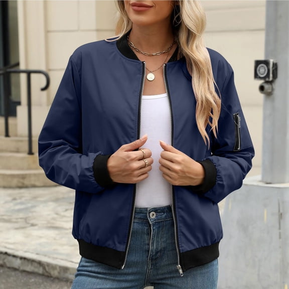 Yuaguia Womens Lightweight Bomber Jacket, Casual Zip Up Windbreaker Coat, Loose Fit Ribbed Collar Flight Outerwear with Pockets for Spring Fall Daily Commute and Travel, Navy L