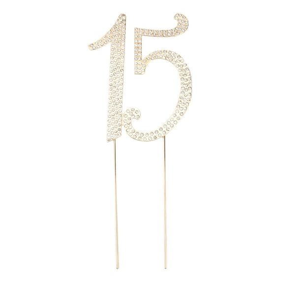 Yuan 15 Cake Topper for 15th Birthday Party or Anniversary Crystal Rhinestones Decorative Cake Topper for Party Supplies (Gold)