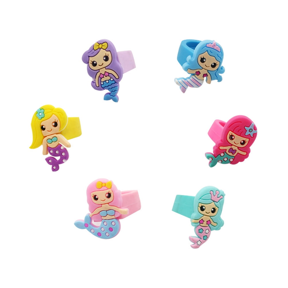 Yuan 24pcs Mermaid Shape Rings PVC Children Rings Adorable Decorative Jewelry Birthday Party Favors Gifts for Kids Random Assorted Color