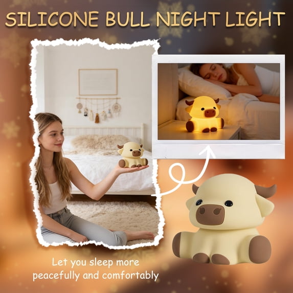 Tripod Bedside Table Lamp With Highland Cow Design - Dimmable Linen Shade, Wood Base, Remote Control