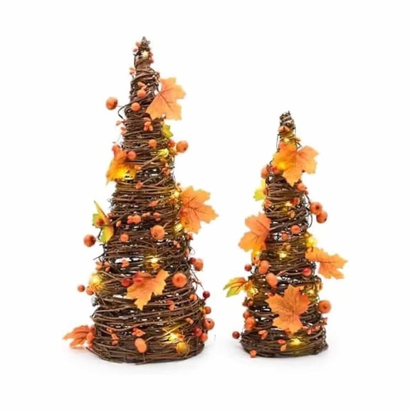 YuanGuangQ 2PC Thanksgiving Rattan Tabletop Tree, Natural Twig Maple Berry Decor with LED Lights, Festive Fall Ornament for Mantel Shelf Home Indoor Holiday Party Display