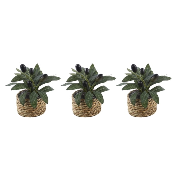 YuanGuangQ 3pc Artificial Olive Plant in Woven Basket, Potted Fake Greenery Plant for Home Decor, Faux Olive Branch Mini Plant for Office Shelf Display