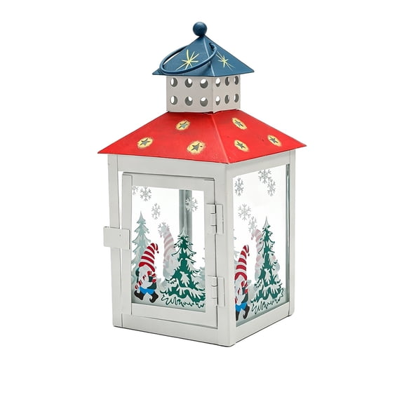 YuanGuangQ Christmas Hanging Candle Lantern Decor, Metal Printed Glass Window Vintage Candle Holder Ornament, Festive Candle Lantern for Tabletop Home Holiday Decoration