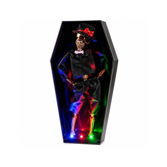 YuanGuangQ Halloween Dancing Skeleton Couple Figurine, LED Light Up Coffin Design Skeleton Statue Decor, for Tabletop, Shelf, Gothic Theme Party Home Decoration