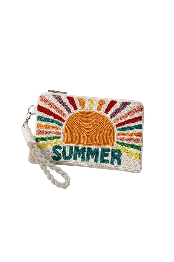 YuanGuangQ Summer Beaded Wristlet Purse, Colorful Sun Bead Bag with Wrist Strap, Small Handheld Boho Purse for Beach Travel