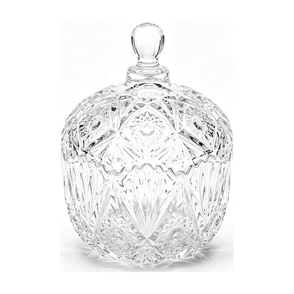 YuanGuangQ Vintage Embossed Crystal Glass Storage Jar with Lid, Decorative Clear Canister for Candy Trinkets, Star Sun Design for Vanity Kitchen Counter