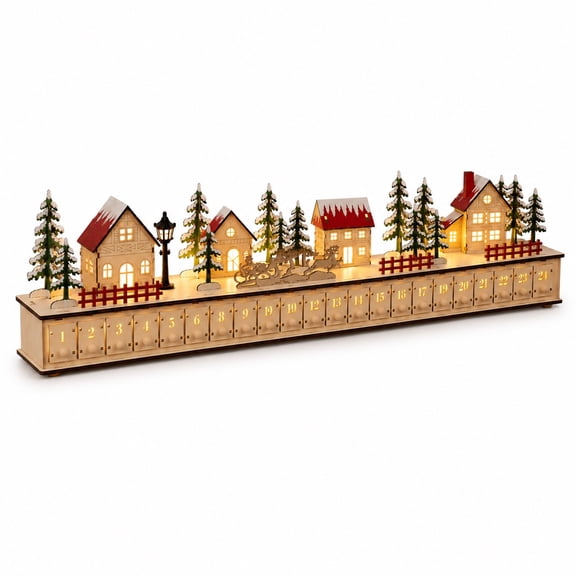 YuanGuangQ Wooden Christmas Advent Calendar, LED Lighted Village Countdown Calendar with Drawers, Festive Holiday Decor for Tabletop Mantel Home Christmas Party Decoration