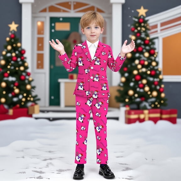 YuanLu Boys Christmas Snowman Printed 2 - Piece Suit Set, Formal Outfit for Boys, Holiday Party Wear