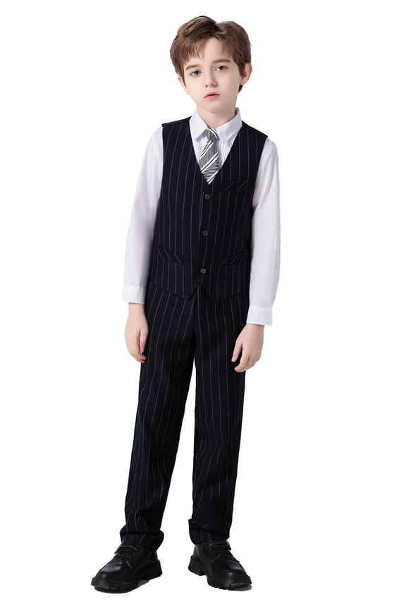 Boys Suit 4PC Baby Suits Wedding Party Vest Suit Set Little Gentleman Waistcoat Prom Tuxedo Dress suit Outerwear Party Vest+Shirt+Tie+Pants Outfits Clothes Set for Kids Black Pinstripe 4T