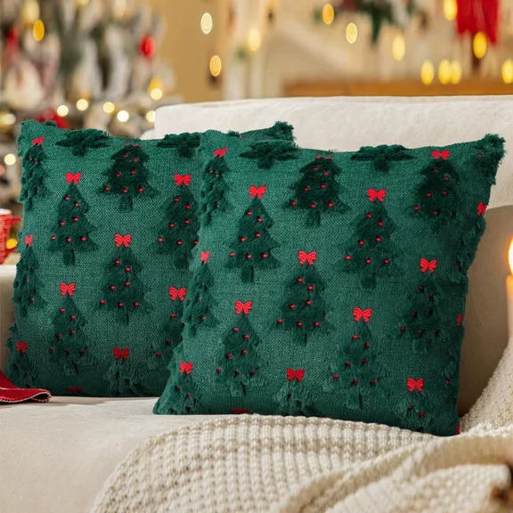YuanLu Set of 2 Green Christmas Tree Pillow Covers 18x18 Inch, Plush Faux Fur Embroidery Holiday Decor for Sofa Living Room Winter Decorations