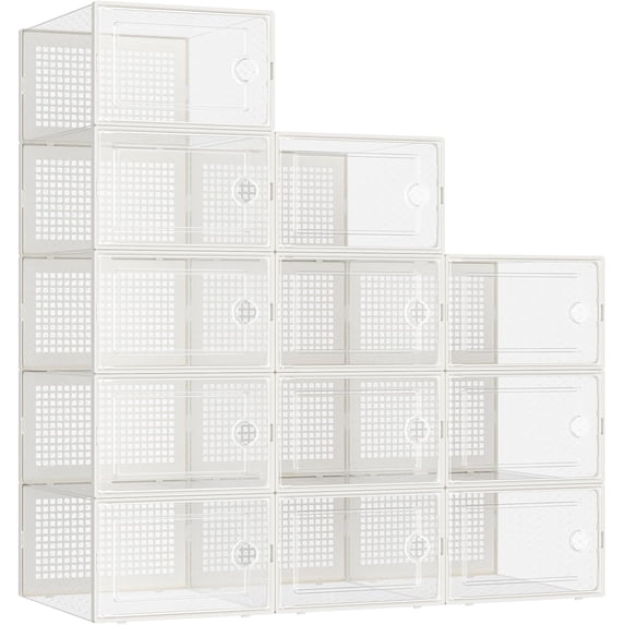 Yuanchao Shoe Boxes, Pack of 12 Shoe Storage Organizers, Stackable Clear Plastic Boxes for Closet, Sneakers, 13.1 x 9.1 x 5.6 Inches, Transparent and White