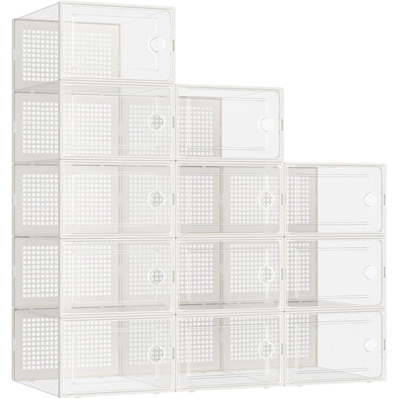 Yuanchao Shoe Boxes, Pack of 12 Shoe Storage Organizers, Stackable Clear Plastic Boxes for Closet, Sneakers, 13.1 x 9.1 x 5.6 Inches, Transparent and White