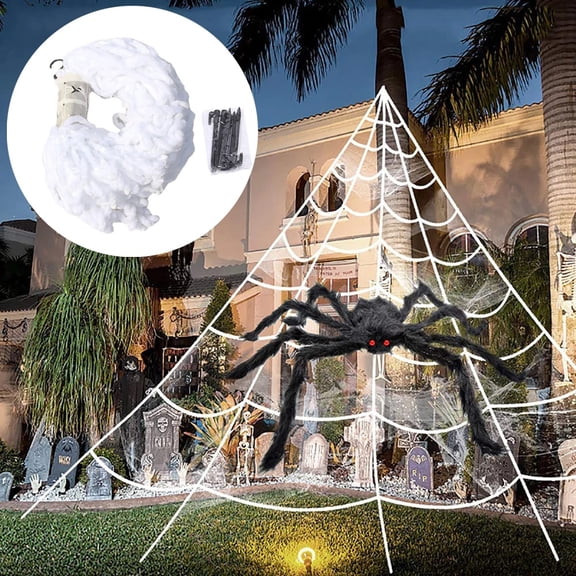 Yuango Giant Triangular Spider Web 16 ft White Plush Spider Web with Ground Stakes and Gutter Hook for Outdoor Yard