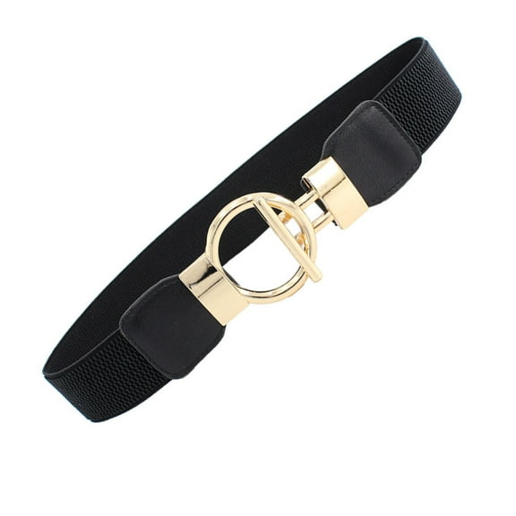 Yuangui Black Elastic Stretch Belt with Golden Round Buckle for Jeans & Dresses