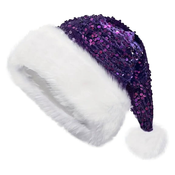 Yuanlong Beanies Merry Christmas Sequin Thicken Fluffy Lined Santa Hats Unisex Holiday Party Dress-Up Thermal Beanie Cap