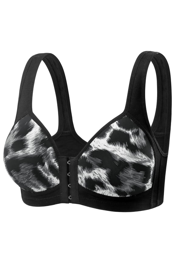 Daisy Bra For Older Women Front Button Closure Animal Print Wireless Lightly Lined Bra Full Coverage Comfort Sleep Bra