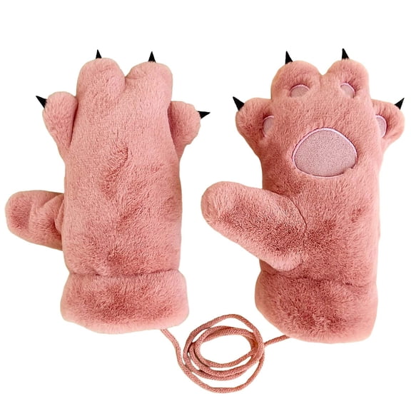 Yuanlong Gloves Winter Fluffy Bear Claw Plush Cartoon Mittens With Neck Lanyard For Cold Weather Windproof Novelty Gloves
