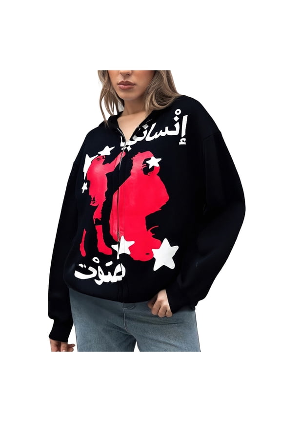Hoodies Women & Men Graffiti Printed Zipper Long Sleeve Hoodie Jacket Daily Stylish Loose Couple Outerwear Tops