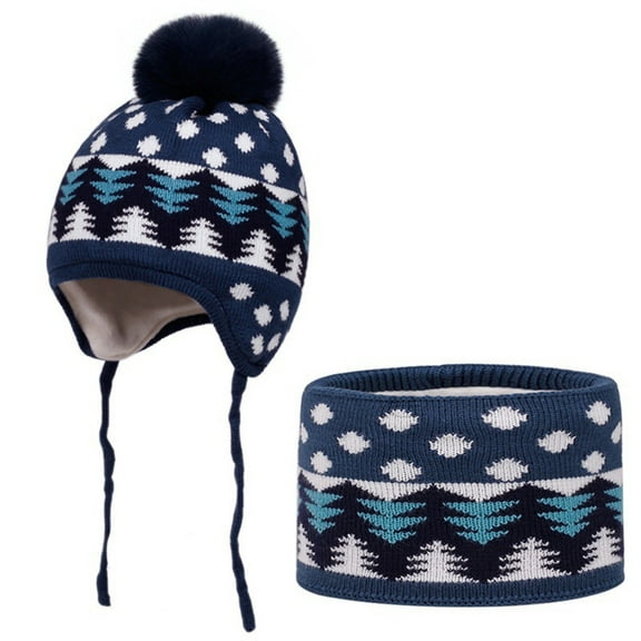 Yuanlong Kids 2 Pcs Sets Winter Christmas Neck Warmer Earflap Pom Hat Knit Suit Children Warm Drawstring Cap Cute Scarf Set