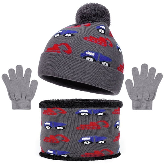 Yuanlong Kids 3-Packs Sets Winter Neck Warmer Pom Beanie Touchscreen Gloves Car Printed Knit Suits Children Hat 3 In 1 Set
