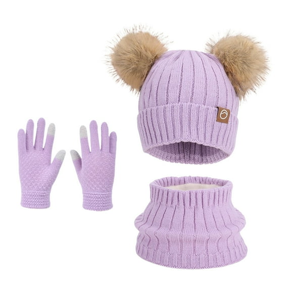 Yuanlong Kids 3-Packs Sets Winter Neck Warmer Pom Beanie Touchscreen Gloves Solid Color Knit Suits Children Hat 3 In 1 Set