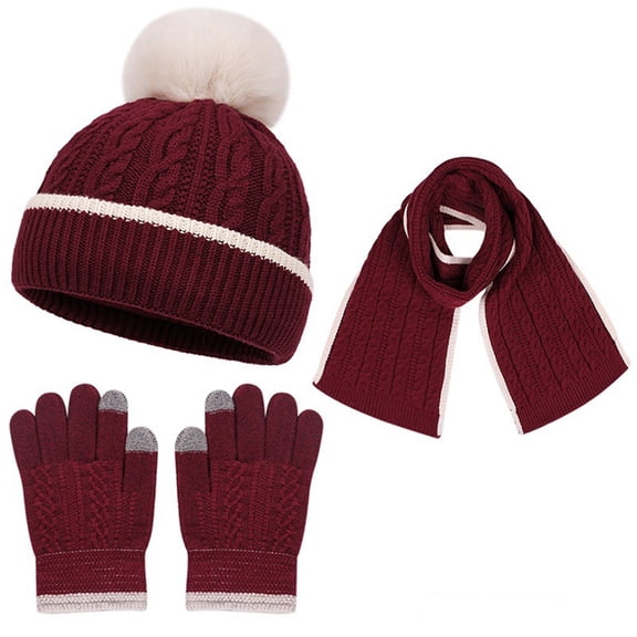 Yuanlong Kids 3 Pcs Sets Winter Scarf Pom Beanie Hat Touchscreen Gloves Cable Knitted Suits Children Thermal Cap 3 In 1 Set