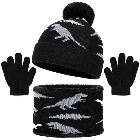 Yuanlong Kids 3 Pieces Sets Winter Gloves Hat Neck Warmer Thermal Cartoon Printed Knit Suits Cold Weather Outdoor Wear Set