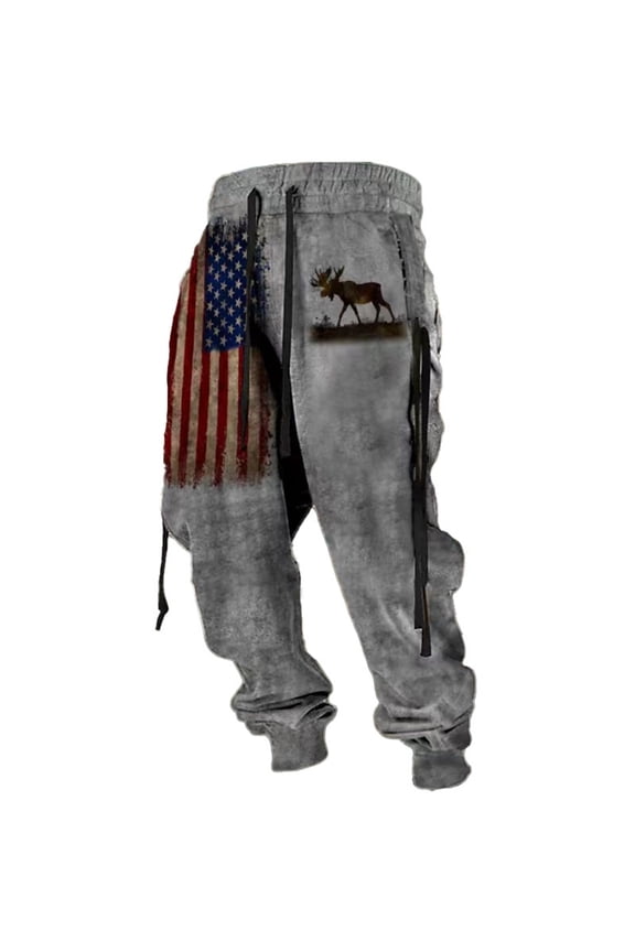 Men Pants Drawstring Elastic Waist US Flag Reindeer Graphic Washed Trousers Fall Winter Daily Man Tapered Pants With Pockets