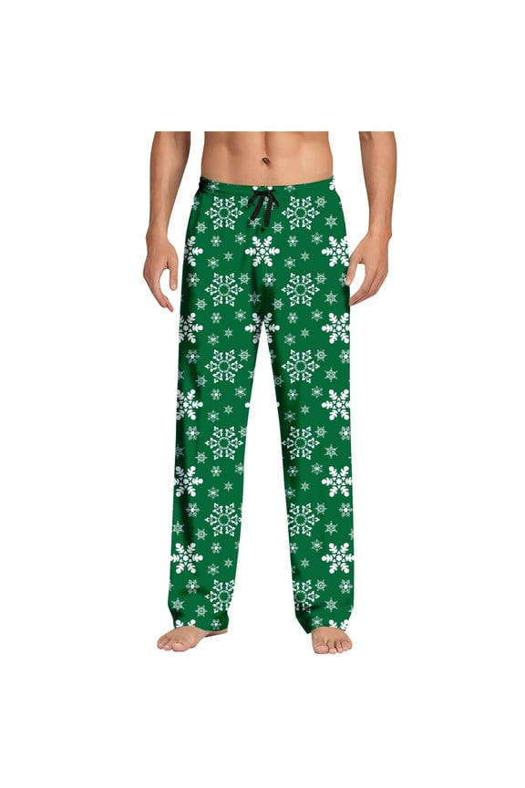 Men Pants Snowflake Patterns Drawstring Elastic Waist Wide Leg Trousers Holiday Christmas Loungewear Casual Male Pajama Pants