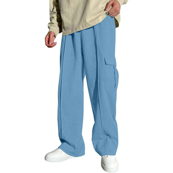 Yuanlong Men Pants Solid Color Elastic Waist Straight Wide Leg Joggers Sweatpants With Side Pockets Outdoor Athletic Men'S Cargo Pants
