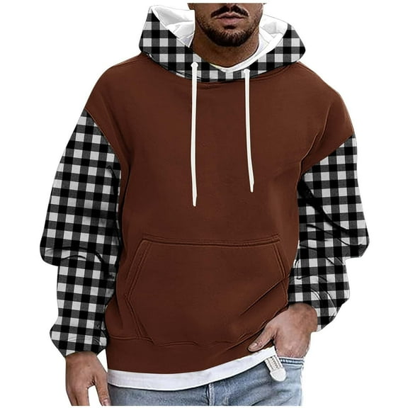 Yuanlong Mens Hoodies Long Sleeve Plaid Patchwork Print Drawstring Lined Pullover Hoodie Autumn Clothes Male Relaxed Tops With Pockets