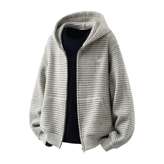 Yuanlong Mens Hoodies Oversize Long Sleeve Zipper Striped Thickened Outwear Jackets Cold Weather Clothes Male Fashion Tops With Pockets