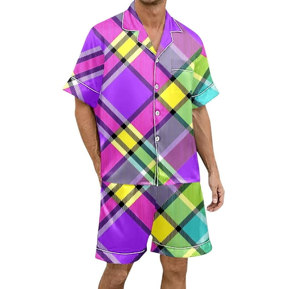 Yuanlong Mens Pajama Sets Color Plaid Shorts And Short Sleeve Lapel Collar Shirts 2-Piece Sleepwear Home Comfort Nightwear