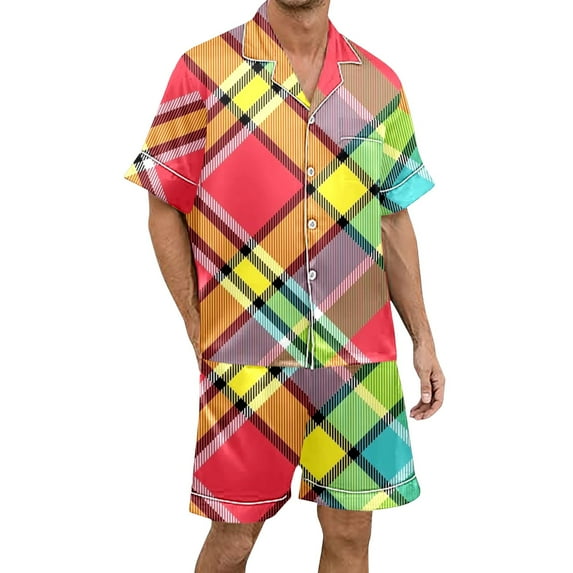 Yuanlong Mens Pajama Sets Color Plaid Shorts And Short Sleeve Lapel Collar Shirts 2-Piece Sleepwear Home Comfort Nightwear