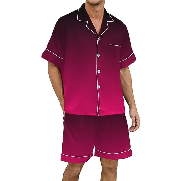 Yuanlong Mens Pajama Sets Gradient Short Sleeve Turn-Down Collar Top Shorts 2Pcs Sleepwear Summer Lightweight Nightwear