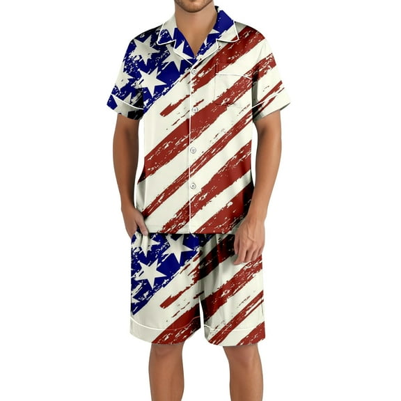 Yuanlong Mens Pajama Sets Independence Day Lapel Collar Short Sleeved Shirts And Shorts Sleepwear Summer Comfy Loungewear