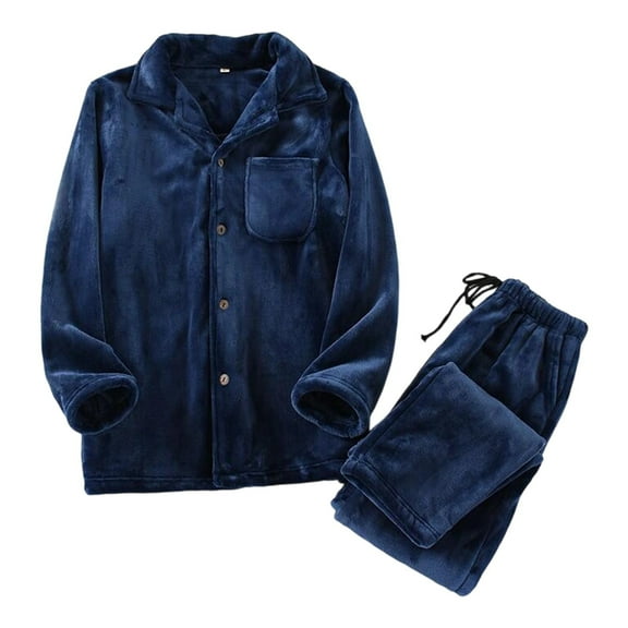 Yuanlong Mens Pajama Sets Long Sleeve Lapel Collar Shirt And Drawstring Pants Flannel Lounge Set Winter Home Warm Sleepwear
