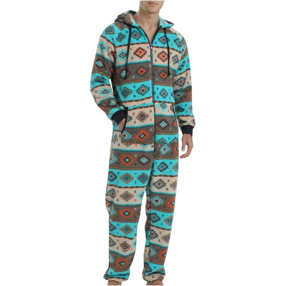 Yuanlong Mens Pajama Sets Thick Full Zipper Drawstring Hooded Long Sleeved Pant One Piece Sleepwear Winter Home Soft Pjs