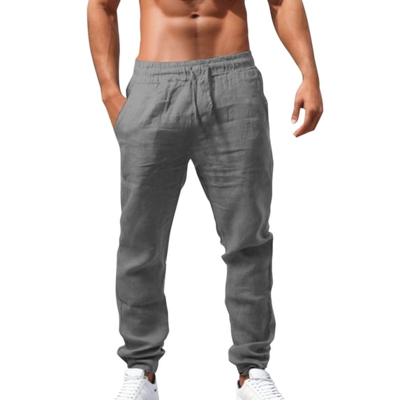 Yuanlong Mens Pants Elastic Solid Cotton And Linen Drawstring Low Rise Waist Trousers Daily Sporty Bottom Breathable Pant
